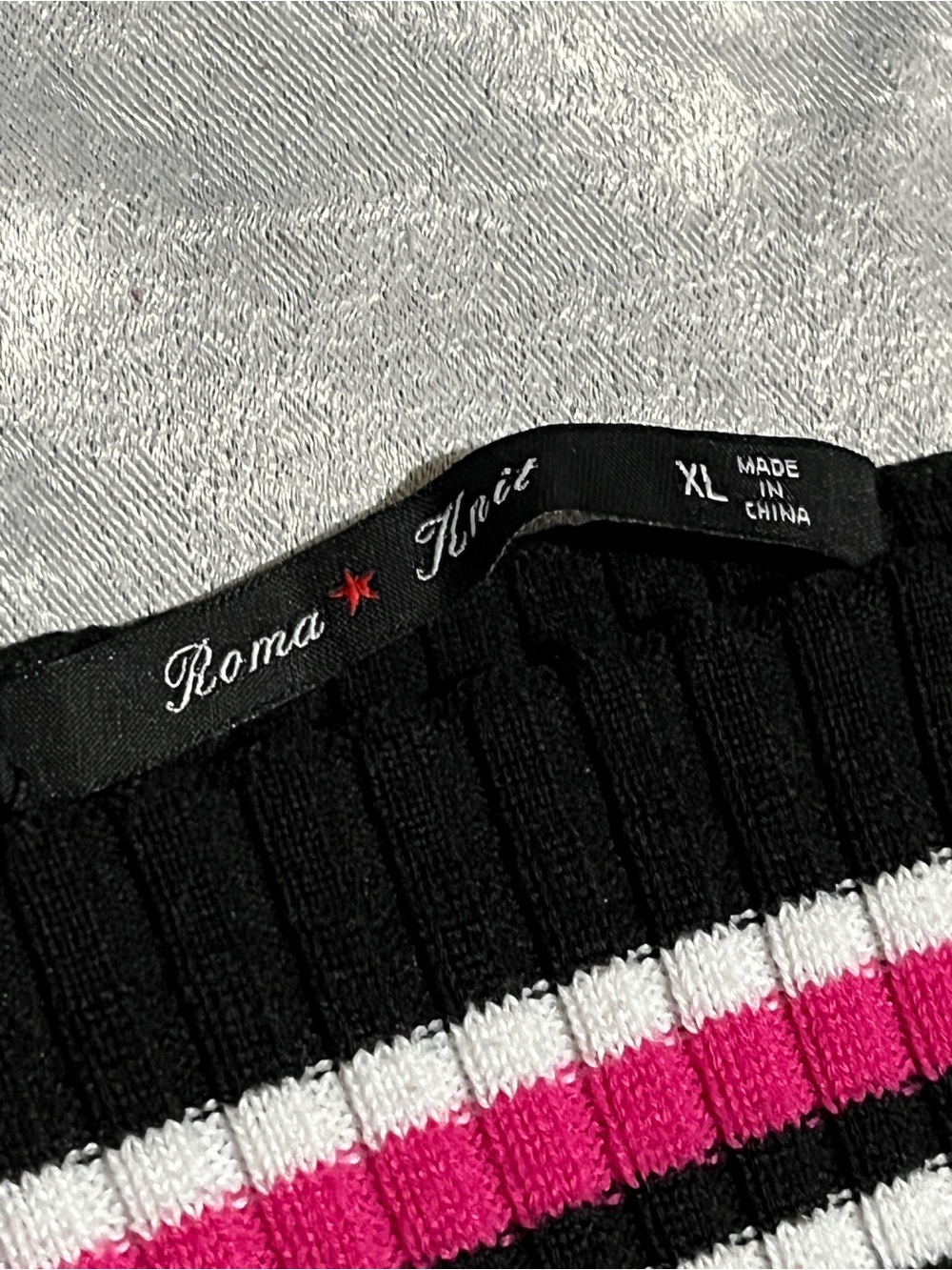 Roma Striped Off-Shoulder Cropped Sweater in Magenta, Black and White - Picture 2 of 4